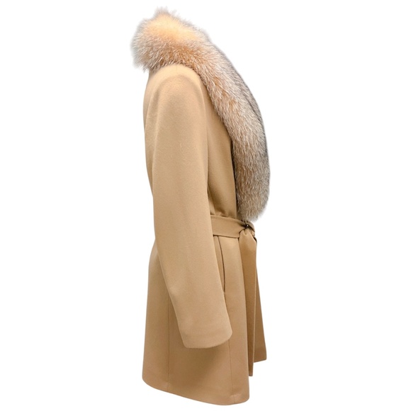 FLEURETTE CAMEL FOX FUR COLLAR WOOL WRAP COAT WITH BELT - Picture 2 of 6